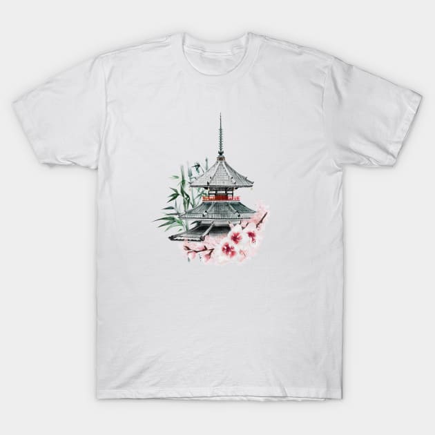 Japanese Painting of Beautiful Pagoda among Cherry Blossoms and Bamboo T-Shirt by KOTOdesign